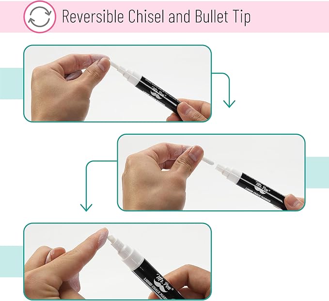 Mr. Pen- Liquid Chalk Marker Pen, 4 Pack, 8x Labels, White Non-Toxic Odorless Chalk Markers, Dual Reversible Chisel & Bullet Tip, Ideal for Non-Porous Chalkboards, Chalkboard Vinyl, Glass & Metal