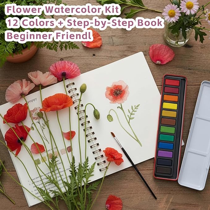 Watercolor Workbooks, Beginner Watercolor Painting Kit – 12 Colors Paint Set with Brush – Perfect for Gifting to Spark Creativity & Joy for Teens & Adults（Flower）