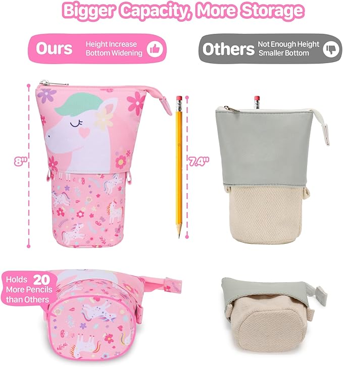 Standing Pencil Case Girls - Telescopic Pouch for Kids, Cute Kawaii Pencil Case for Girls, Big Capacity Stand Up Pencil Pouch for Kids, Pink Flower Unicorn