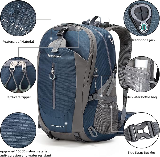 SPEEDPARK 40L Hiking Backpack, Lightweight Camping Daypack with Rain Cover | Water-Resistant Rip-Stop Nylon, Multi-Pockets, Survival Whistle. Ideal For Men, Women, Travel, Trekking