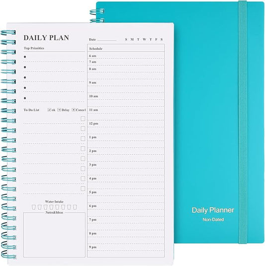 Daily Planner Undated, Asten To Do List Notebook Hourly Schedules Spiral Appointment Planner for Men and Women,PVC Hardcover,Elastic Closure, Inner Pocket 8.3" x 5.8" (Blue)