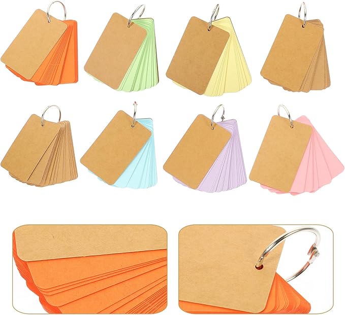 CALLARON 8pcs Colored Blank Index Cards with Ring, 50 Sheets Per Pad, Kraft Cardstock Flashcards for Studying and Note Taking, Portable Memo Cards for School and Office Use Random Color