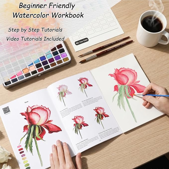 Watercolor Workbook for Beginners - Water Colors Paint Adult Set Including Video and Step by Step Tutorials,12 Flowers Water Coloring Book，300GSM Bleed-Resistant Paper，Relaxing Art Gift for Adults (Floral without Paints)