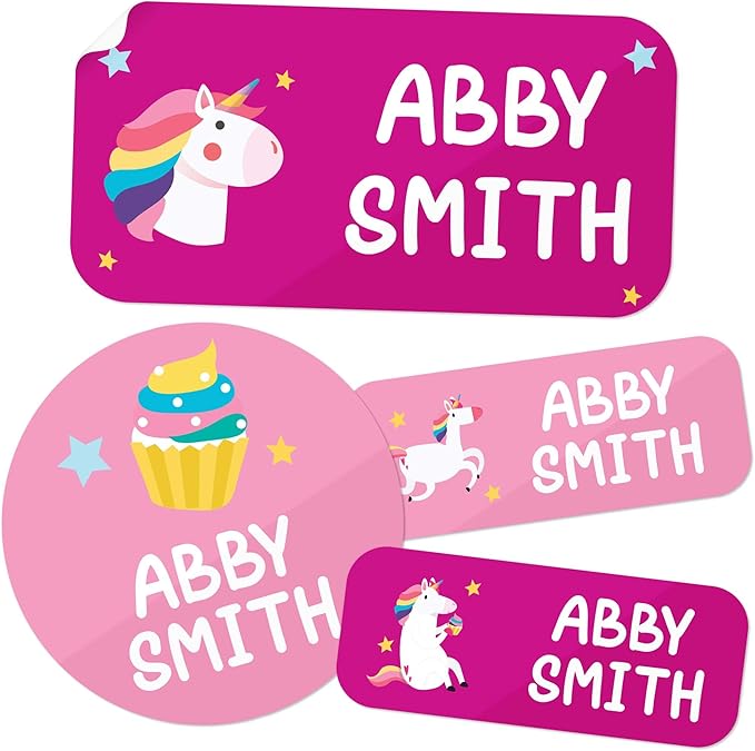 Personalized Daycare Name Labels for Kids, (130 Pack) Waterproof Custom Name Stickers for Clothing Tags, Lunch Boxes and School Supplies, Made in USA by MSC -Unicorn