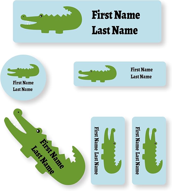 Personalized Kids Name Labels – Waterproof Custom Stickers for Daycare & School, Dishwasher & Laundry Safe (Crocodile - Light Blue)