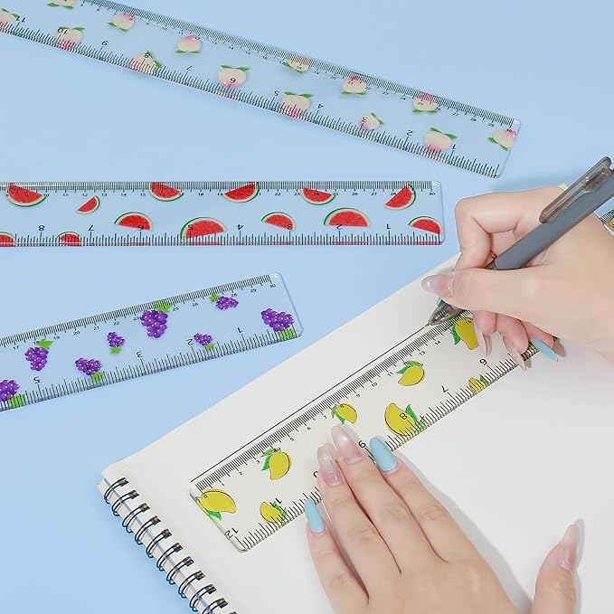 BAYTORY 4Pcs Transparent Acrylic Ruler 12 Inch, Clear Plastic Straight Rulers, Shatterproof Student Stationery Centimeters with Inches, for Classroom Essentials School Supplies (Fruit 12 Inch)