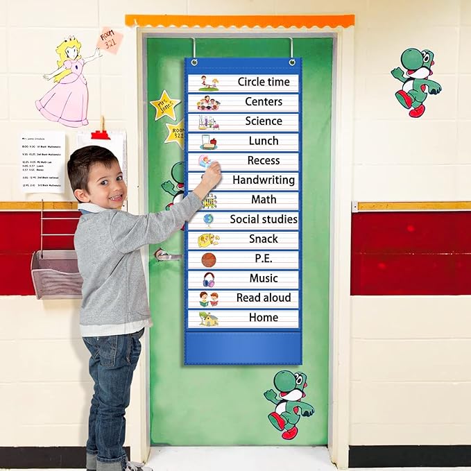 AKAYOK -13+1 Pocket Daily Schedule Pocket Chart, Ultra-Durable Visual Schedule for Kids -Pocket Chart for Classroom Office Home -Reusable Daily Schedule for Kids -Reversible Chart for Sentence Strips