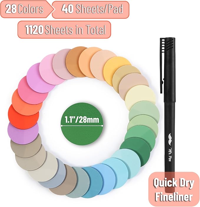 Mr. Pen- Round Transparent Sticky Notes, 1.1” Diameter, 28 Pads, 1120 Sheets, Colorful, Water-Resistant See-Through Sticky Notes Bulk & Fineliner, Smooth Writing, Note Tabs for Bible Journaling
