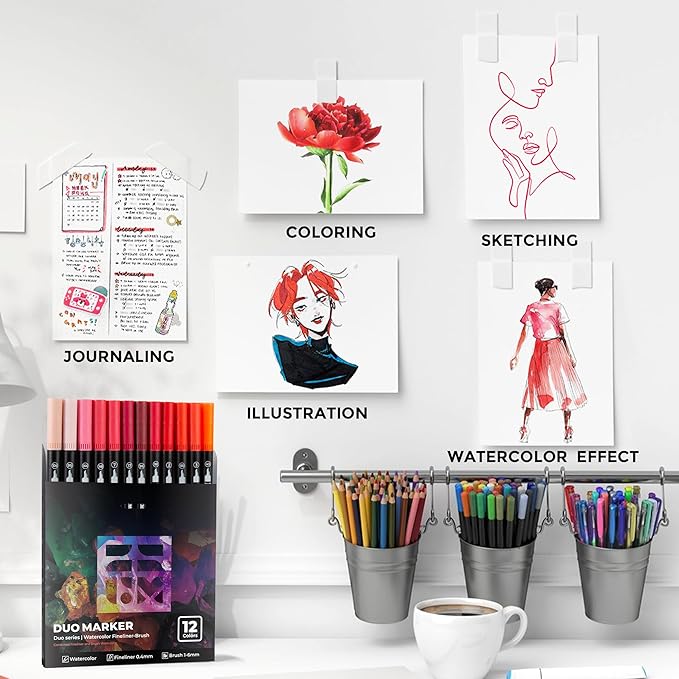 ZSCM Red Duo Tip Marker Pens, 12 Pack Fine & Brush Markers for Adult Coloring Books No Bleeding, Vibrant Red Markers for Holiday Cards, Bold Lettering, Attention-Grabbing Highlights and Logos