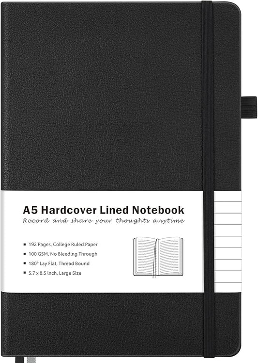 College Ruled Notebook, A5 Hardcover Leather Notebook for Work, Lined Notebook Journal for Women, Men, 100GSM Thick Paper, Large Notebook with Pockets, Professional Business Notebook, 5.7"x8.5", Black