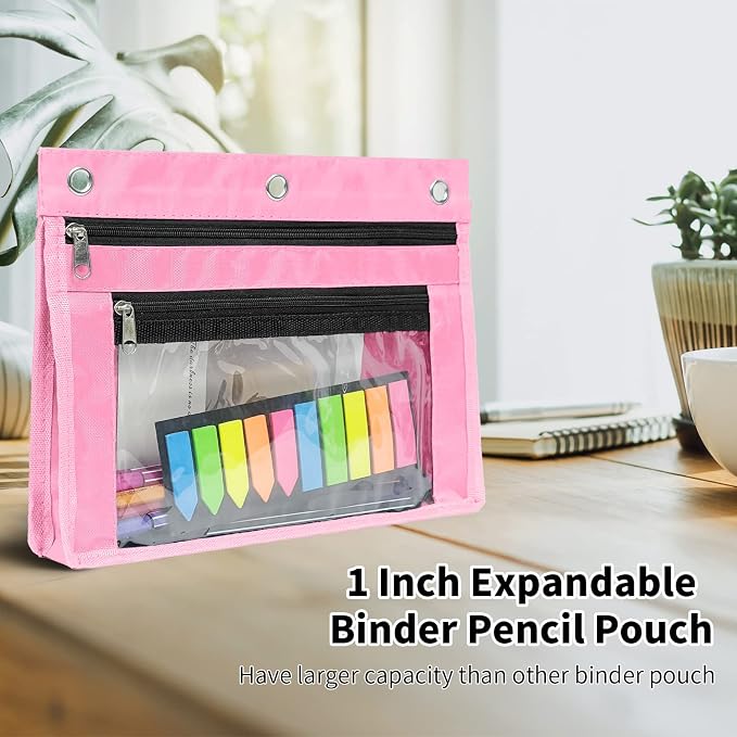 YoeeJob 2 Pack Expandable Pencil Pouches for 3 Ring Binders, Pink | 1-inch expansion, 2 clear PVC pockets, 3 holes, large-capacity storage for school and office supplies.