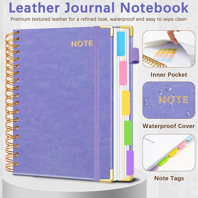Hardcover Spiral Notebooks for Work 6.2"x 8.2", 300 Pages 5 Subject Notebook with Dividers & Tabs, A5 Spiral Journal for Women, College Ruled Notebook for School Note-Taking (Lilac Purple)