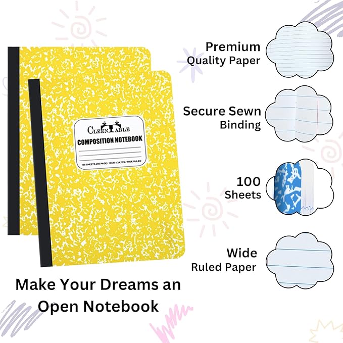 CLEENTABLE Composition Notebook 5 Pack, Wide Ruled Paper, Marble Cover Notebooks for School, 9.75 x 7.5 Inches, 100 Sheets (200 Pages), Sewn Binding Comp Books, Yellow