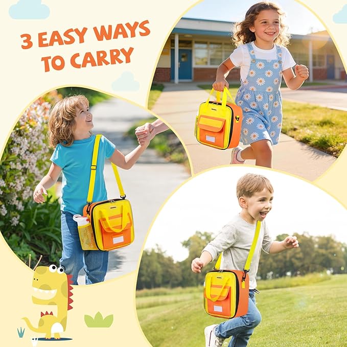 REDSHELL Tactical Lunch Box Kids, Large Insulated Lunch Bag for Boys Girls, Cooler Lunchbag, Square Toddler Lunchbox, School Daycare Lunch Tote Pail with Water Bottle Holder Shoulder Strap, Orange