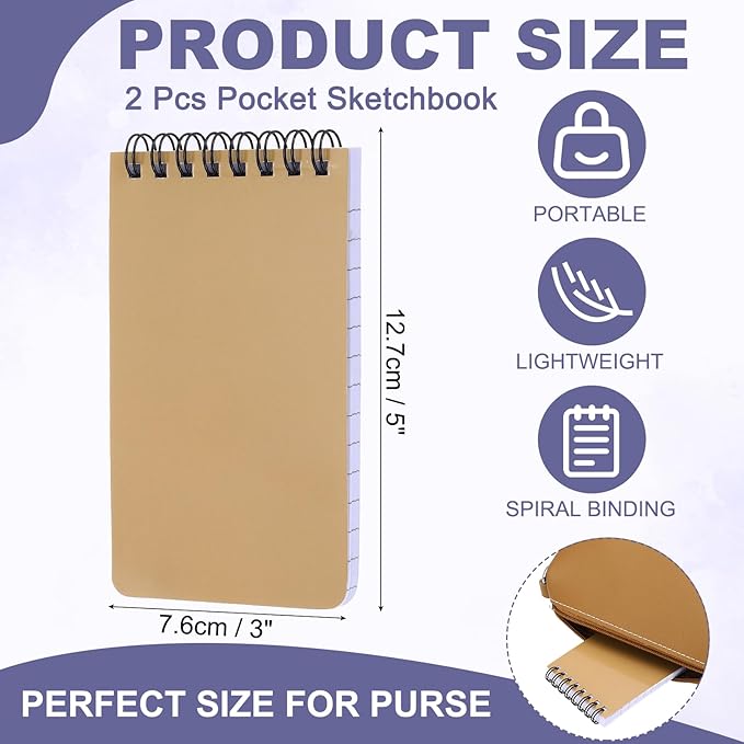 PATIKIL 3x5" Pocket Sketchbook, 2 Pcs Top Spiral Notebook Mini Lined Notebook Memo Pads 80GSM 60 Sheets/120 Pages Hard Cover Portable for Office Outdoor Travel Journal Draw, Light Brown