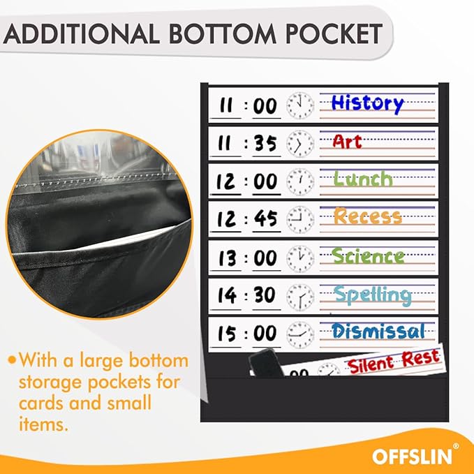 Daily Schedule Pocket Chart, 13+1 Pockets Visual Classroom Schedule Pocket Chart, 18 Double-Side Dry Erase Cards Routine Calendar for Classroom, Office, Home Teacher Supplies (Black)