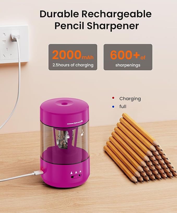 Electric Pencil Sharpener for Classroom, Fully Automatic, Magenta Pink
