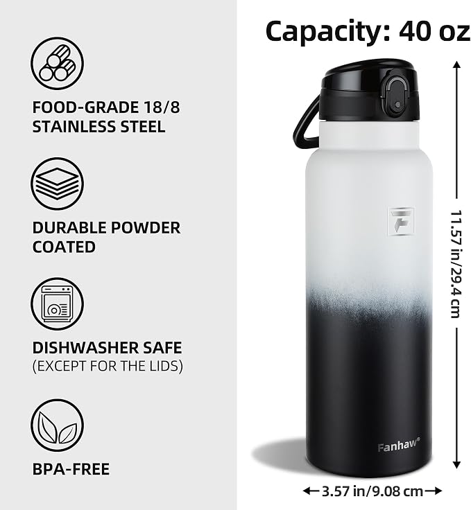 Fanhaw 40 Oz Insulated Stainless Steel Water Bottle with Chug Lid – Wide Mouth, Leak-Proof, BPA-Free – Ideal for Kids, Adults, Sports, Gym, and Outdoor Use (White Black)