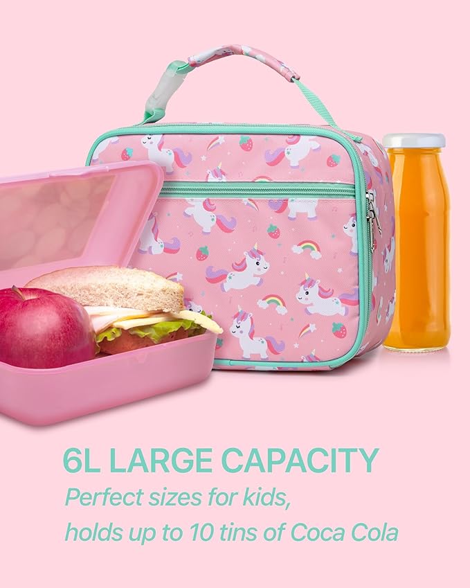 Bagseri Kids Lunch Bag Girls - Thermal Insulated Lunch Box Tote with Water Bottle Holder, Reusable Leak-Proof Kids Lunch Box for Daycare & School, Pink Cute Unicorn (Containers Not Included)