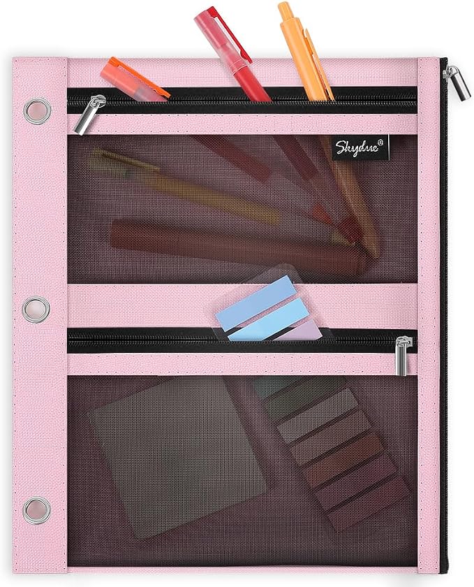 SKYDUE Pencil Pouch for 3 Ring Binder, 11"x9", 3 Pockets and Mesh Window | Zipper Pink Pencil Pouch Pencil Bag with 3 Reinforced Grommets, Organizer for School Supplies, Cables, Earbuds, Makeup