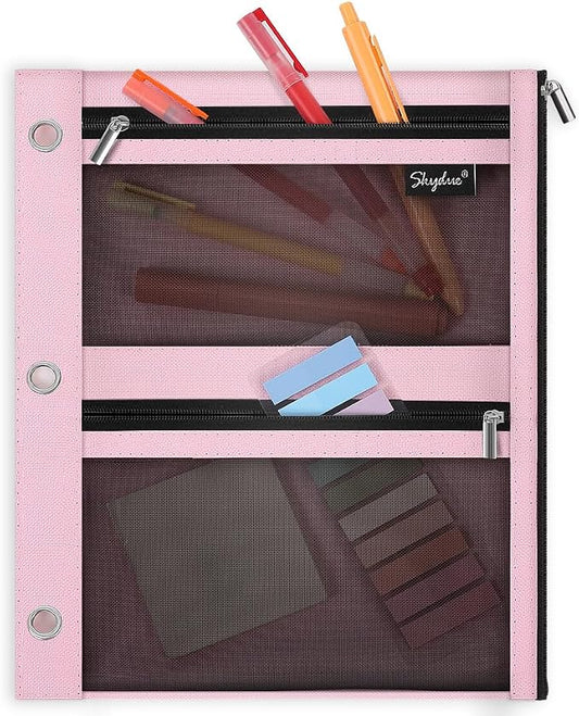 SKYDUE Pencil Pouch for 3 Ring Binder, 11"x9", 3 Pockets and Mesh Window | Zipper Pink Pencil Pouch Pencil Bag with 3 Reinforced Grommets, Organizer for School Supplies, Cables, Earbuds, Makeup