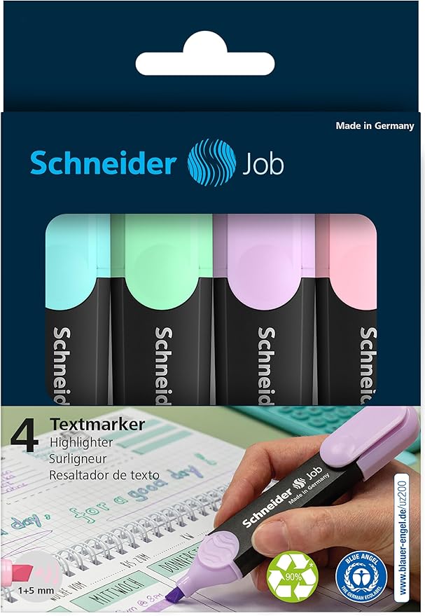 Schneider Pastel Job Highlighter Marker, Chisel Tip, Turquoise, Mint, Lavender, Light Pink, 4 Pack (115098)
