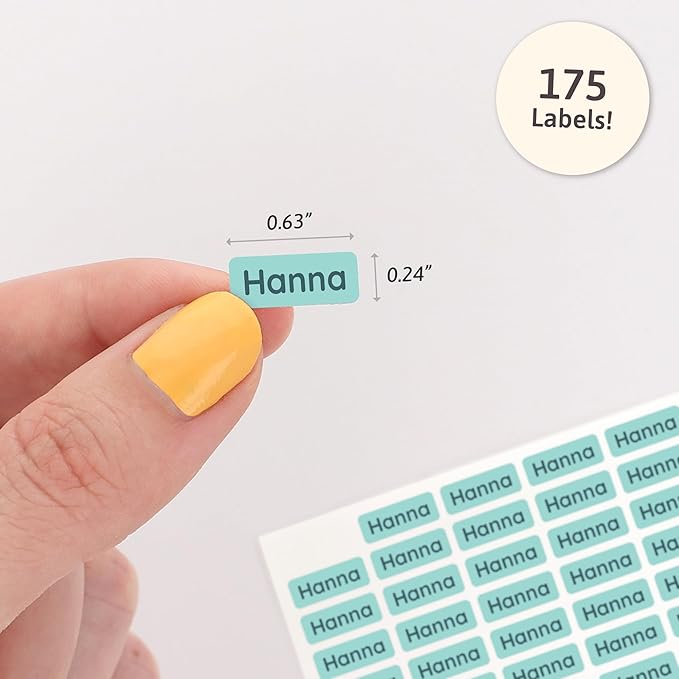 Mini Name Labels (175) - Custom Personalized Name Labels for Labeling Tiny Items, Washer and Dryer-Safe Waterproof Labels for Daycare, Preschool, and School - Turquoise