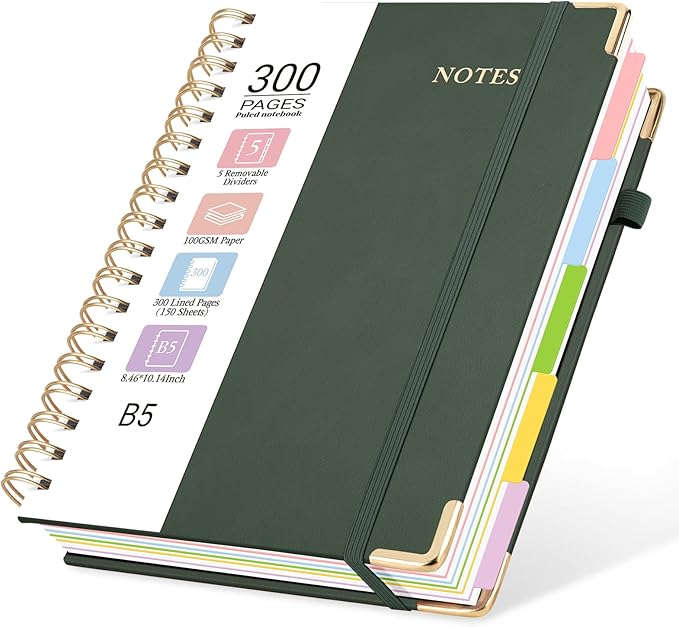 Hardcover Spiral Journal Notebook, 300 Pages 5 Subject Notebook College Ruled with Removable Dividers Tabs, 8" x 10" Notebooks for Work, Spiral Ruled Lined Writing Journal Hardcover Leather Notebook for School (Green, 8''x 10'')