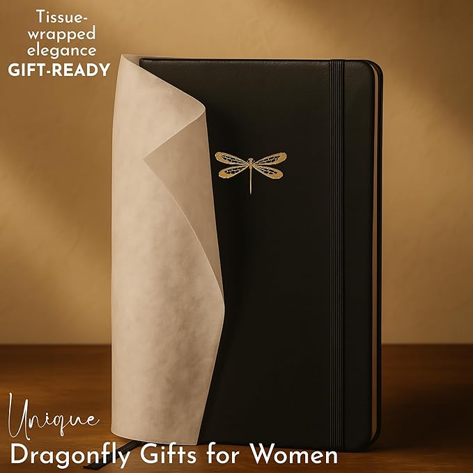 SETTINI Dotted Journal, Ideal for Bullet Journaling - A5 Vegan Leather Notebook, 192 Archival-Quality Pages, QuillEase Bleed-Free Paper, Inner Pocket & Bookmark - Dragonfly Gifts for Women, Black Dragonfly