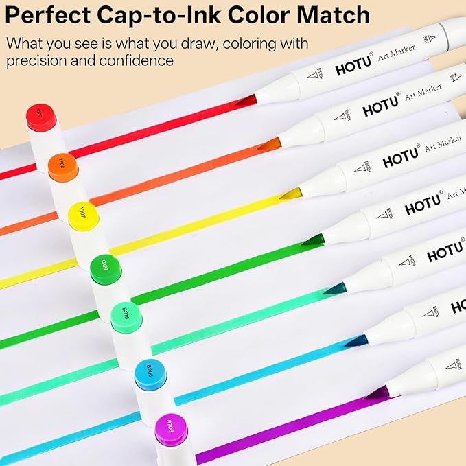HOTU 50 Colors Alcohol Markers Brush Tip and Fine - Dual Tip Art Marker Set for Artists Adults Coloring, Sketching - Professional Alcohol Based Markers with Bleed-prevention Pad & 4 Coloring Cards