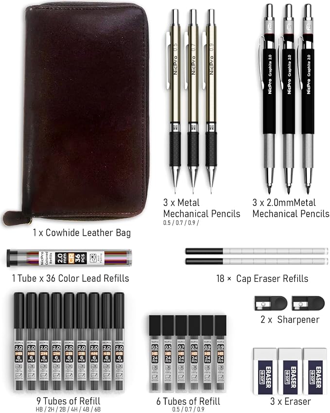 Nicpro 30PCS Art Mechanical Pencil Set in Leather Case | Metal Drafting Pencil 0.5/0.7/0.9 & 3×2mm Lead Holders for Sketching Drawing With 252 (6B 4B 2B HB 2H 4H Colors) Lead Refills