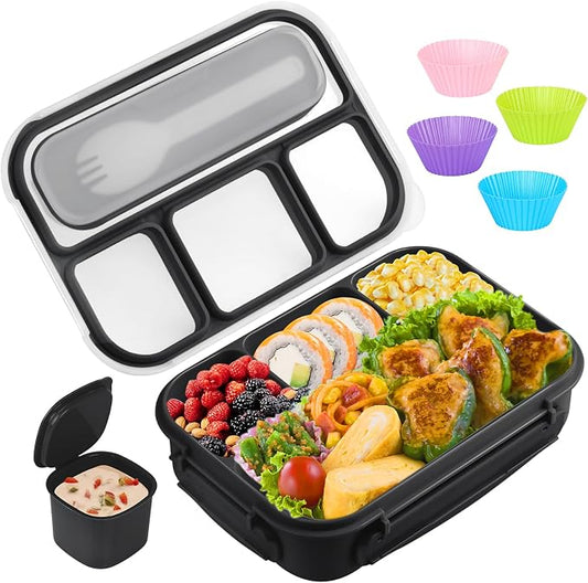 Yumuk Bento Box for Kids 1300ML with 4 Compartment & Cake Cups, Black | Lunch Box Containers for Adults/Kids/Toddler, Leak-Proof, Microwave/Dishwasher/Refrigerator Safe, BPA Free