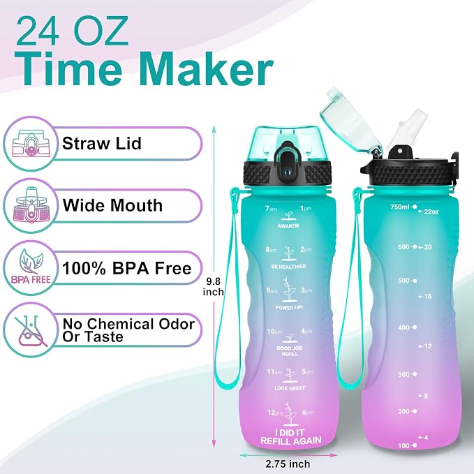 24 OZ Motivational Kids Water Bottle With Time Marker,Straw Lid,Leak Proof, Tritan BPA Free Sports Water Bottle Green-Purple(1 Lid)