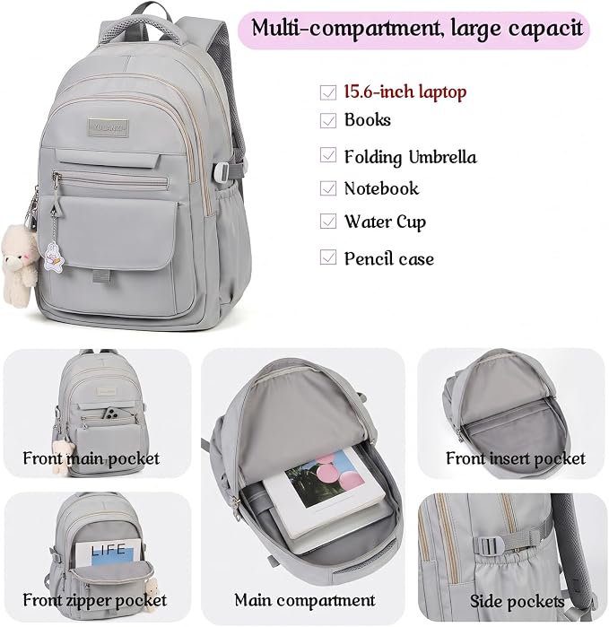 PRLINJSK Girls Backpack for College High Middle School Student, Cute Aesthetic Bookbag for Teens Women with Accessories,Grey