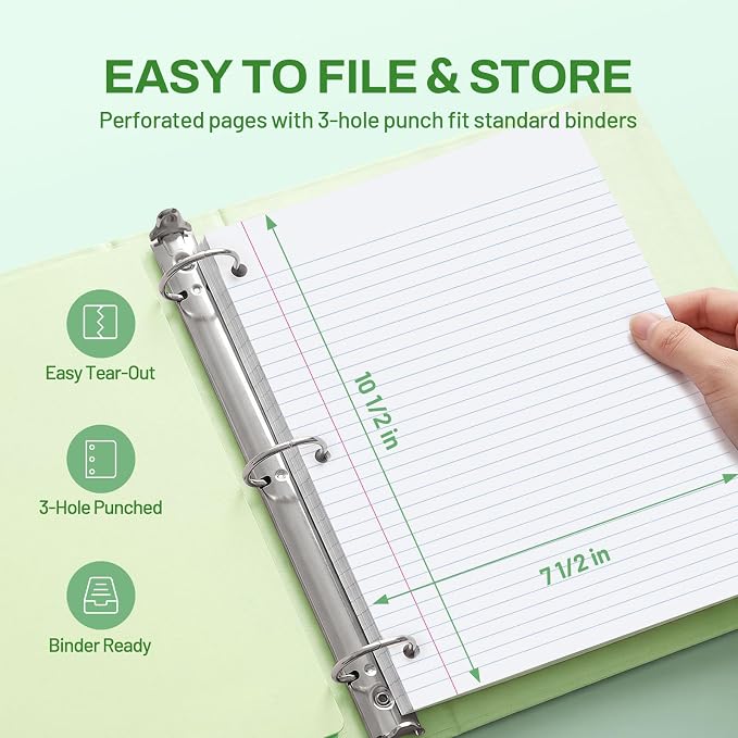 SUNEE Spiral Notebook, 1-Subject, College Ruled Paper, 8" x 10-1/2", 100 Sheets per Notebook, 3-Hole Punched Paper, Water Resistant Cover, Double-sided Pockets, Dark Green