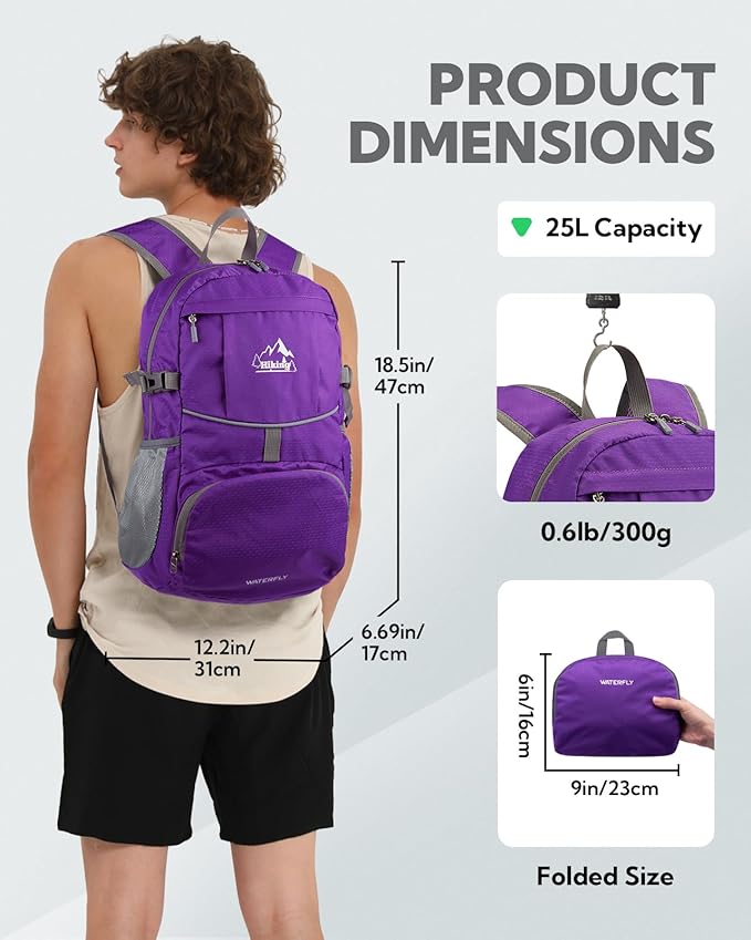 WATERFLY Hiking Packable Daypack Backpack: 25L Ultra Lightweight Day Pack for Women Men - Small Compact Folding Back Pack for Outdoor Sport Cycling Camping Travel Trip - Purple