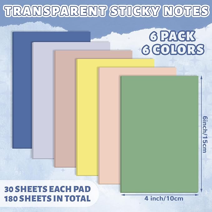 Yinder 4 x 6 Inch Transparent Sticky Notes Translucent Sticky Notes Waterproof Clear Self Memo Pad See Through Bible Journaling Accessories Office School Supplies(6 Pcs,Macaron)