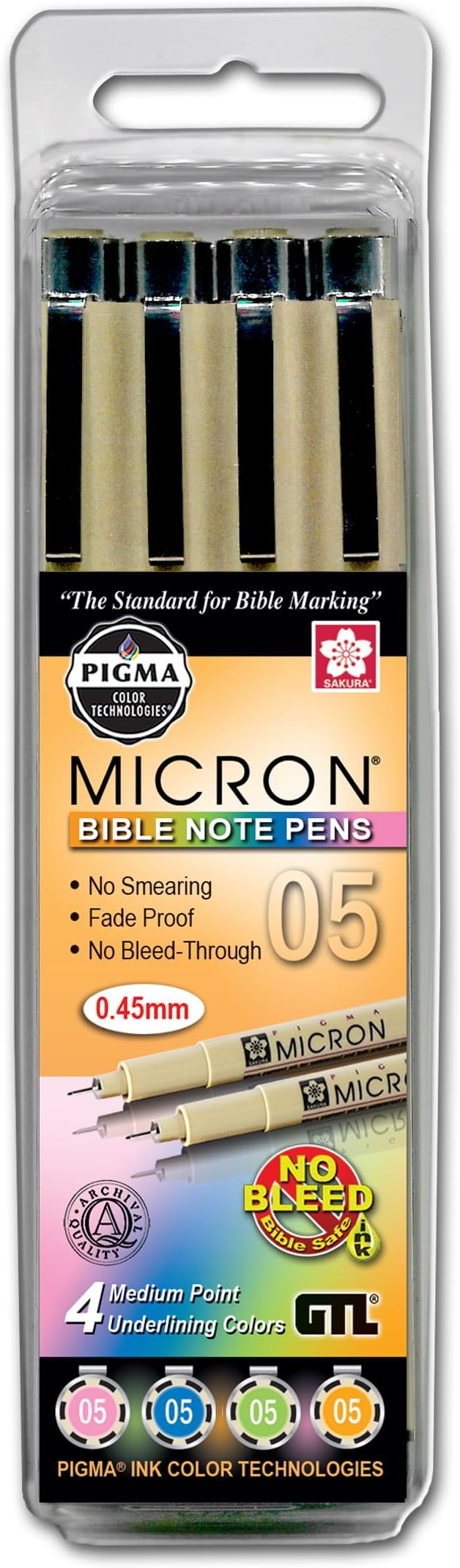 G.T. Luscombe Company, Inc. Pigma Micron 05 Medium Point Bible Note Pen Kit | No Bleed Pigmented Ink | Bible Safe | No Smearing or Fading Artist Pens | Pink, Blue, Green, Orange (Set of 4)