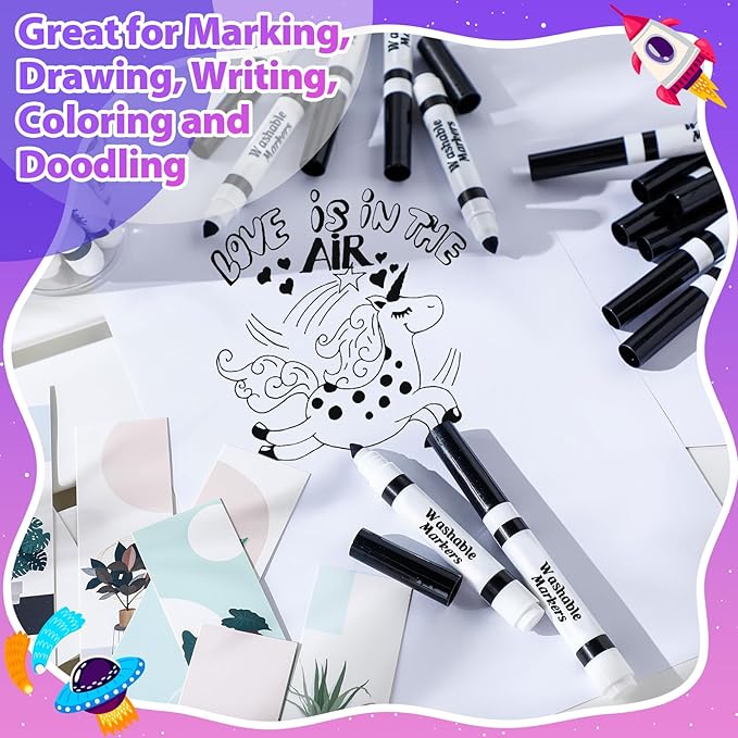 24 Pcs Washable Markers Bulk Broad Line Markers Coloring Conical Tip Large pens for Kids art projects, Teachers, Students, Toddlers, Party Favors, Classrooms, Donations(Black)