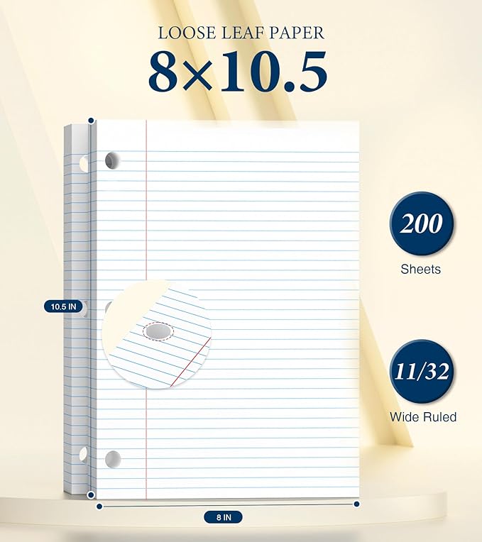 Loose Leaf Paper, 200 Sheets Notebook Paper, 8 x 10.5 College Ruled Paper, 3 Hole Punch Binder Paper, Lined Paper for 3 Ring Binders, College Ruled Paper, 8" x 10.5" Filler Paper