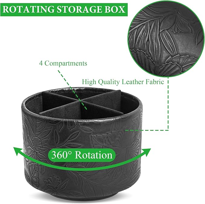 Round Leather Art Supply Organizer,Remote Control Holder,360 Degree Spinning,Multi-Functional Pencil Holder,4 Compartments Desktop Stationary Organizer(1-Carved Black)