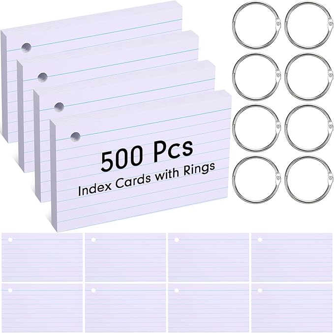 Yexiya 500 Pcs Index Cards with Rings Study Supplies Punched Lined Flash Cards with Holes Ruled Single Hole Notes and Metal Rings for Adults Office(3 x 5 Inch,White)