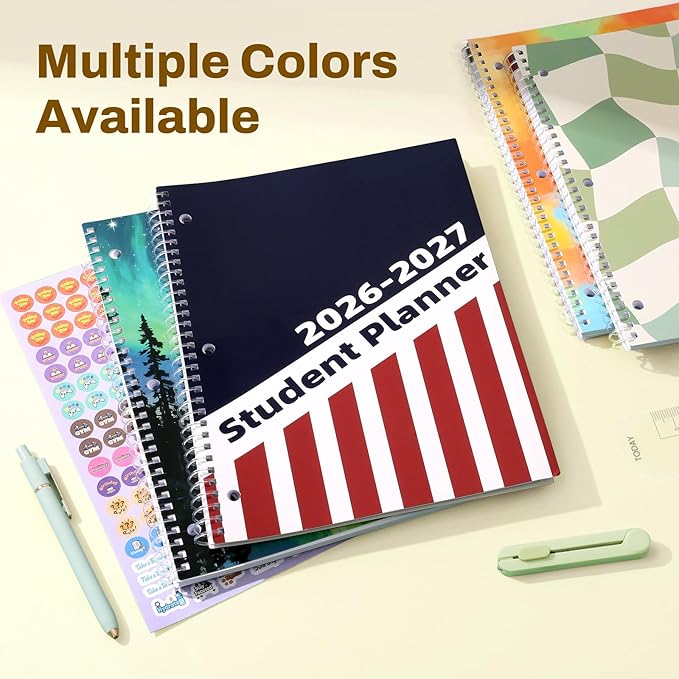 Student Planner 2026-2027, SUNEE Middle or High School Student Planner for Academic Year Jul. 2026 - Jun. 2027, 8.5"×11" Lesson Plan Book with 3-Hole Punched, Bookmark, Planning Stickers, Pastel Draw
