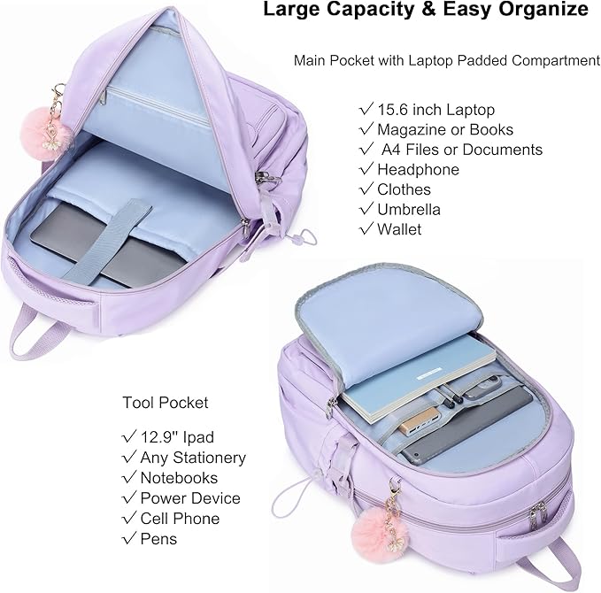 Laptop Backpack 15.6 Inch College Backpacks for Women, School Backpack for Girls,Students Aesthetic Anti Theft Travel Daypack Large Bookbags Middle High School Back Pack(Purple)