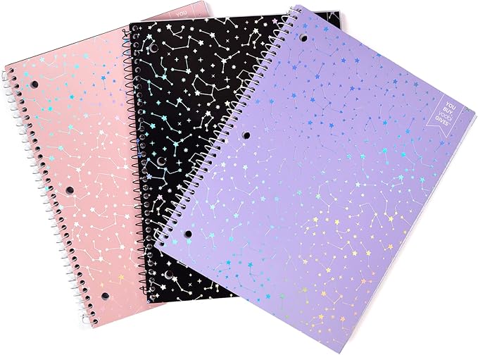 Yoobi College Ruled 8 x 10.5” Spiral Notebook Set – 3-Pack of 1 Subject Notebooks, Pink, Purple & Black Celestial Patterns – 150 Perforated 3-Hole Punched Sheets