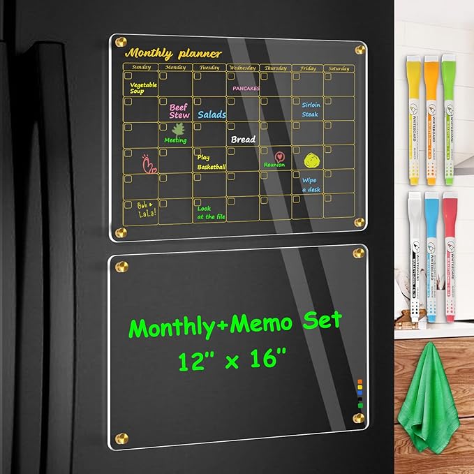 WALGLASS Acrylic Calendar for Fridge, 12"x16" Gold Monthly Clear Acrylic Magnetic Dry Erase Board for Refrigerator, Set of 2 Stronger-Magnetic Reusable Fridge Planner, Includes 6 Liquid Chalk Markers