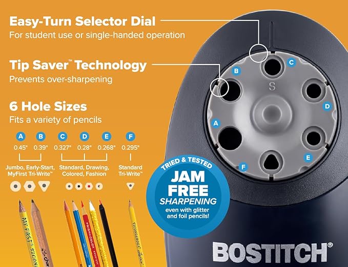 Bostitch Office QuietSharp Electric Pencil Sharpener, Heavy Duty Classroom or Office Use, Size Selector with 6 Different Sizes, Black