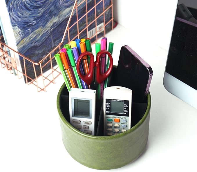 Round Leather Art Supply Organizer,Remote Control Holder,360 Degree Spinning,Multi-Functional Pencil Holder,4 Compartments Desktop Stationary Organizer(1-Oil Bamboo)