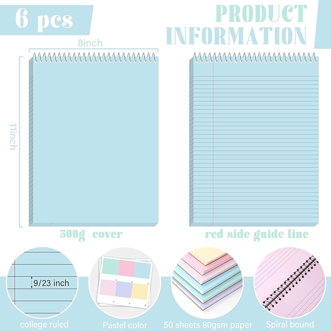 gisgfim 6 Pcs Pastel Top Bound Spiral Notebooks 8.5" x 11" College Ruled Aesthetic Legal Pad Top Spiral Steno Pads Colored Paper Assorted Covers Spiral Notebook for Writing School Office Supplies