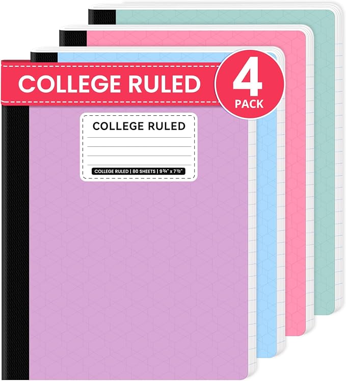 Taja College Ruled Composition Notebook 4 Pack School Supplies, 160 Pages